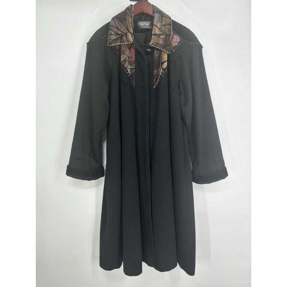 Portrait Vintage Black Wool Blend Coat Metallic Tapestry Lace Trim Long Jacket